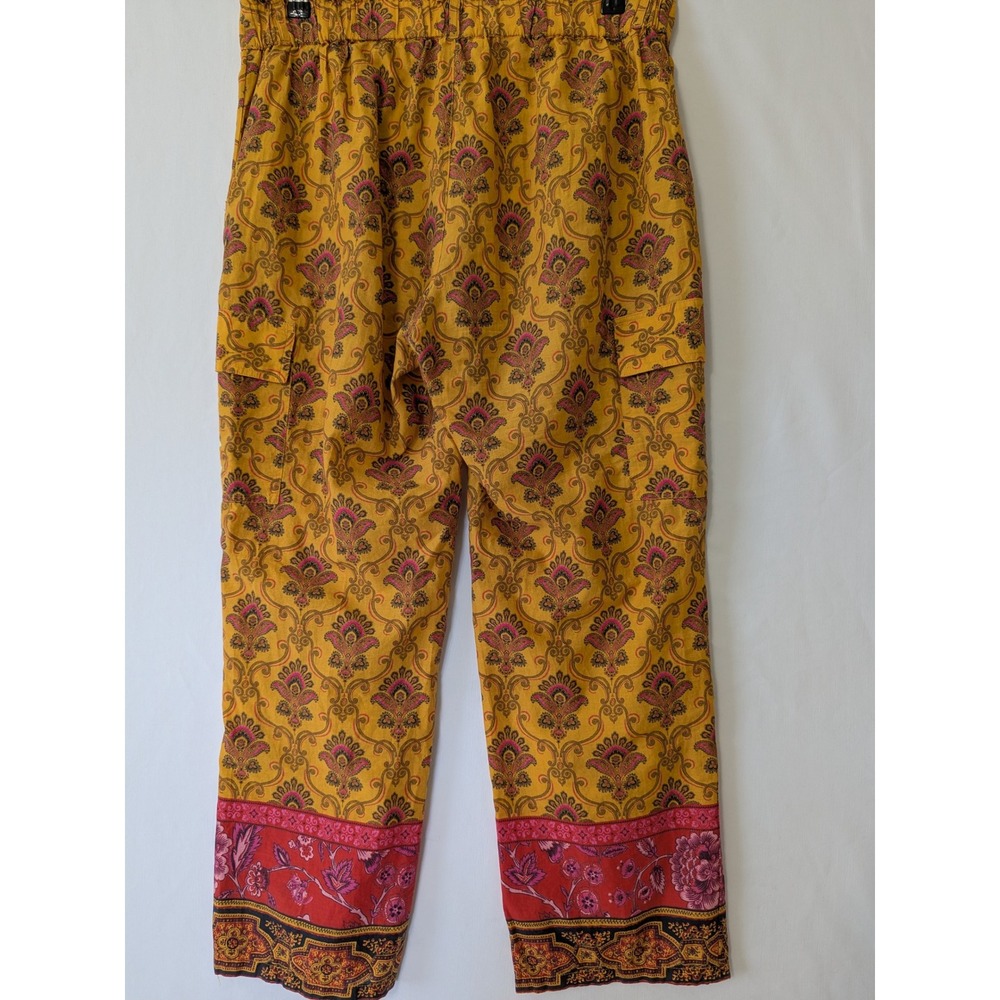 Sundance Womens Yellow Paisley Damask Cargo Pants Cotton Boho Red Border Hem S - Picture 3 of 9